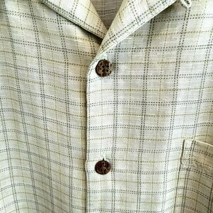 Tommy Bahama Mens Sz XL Linen Silk Blend Camp Shirt Yellow Tan Plaid Classic